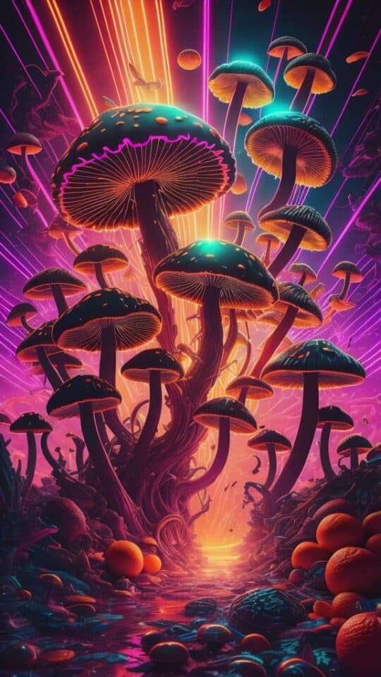 Wild mushrooms growing with neon lit background