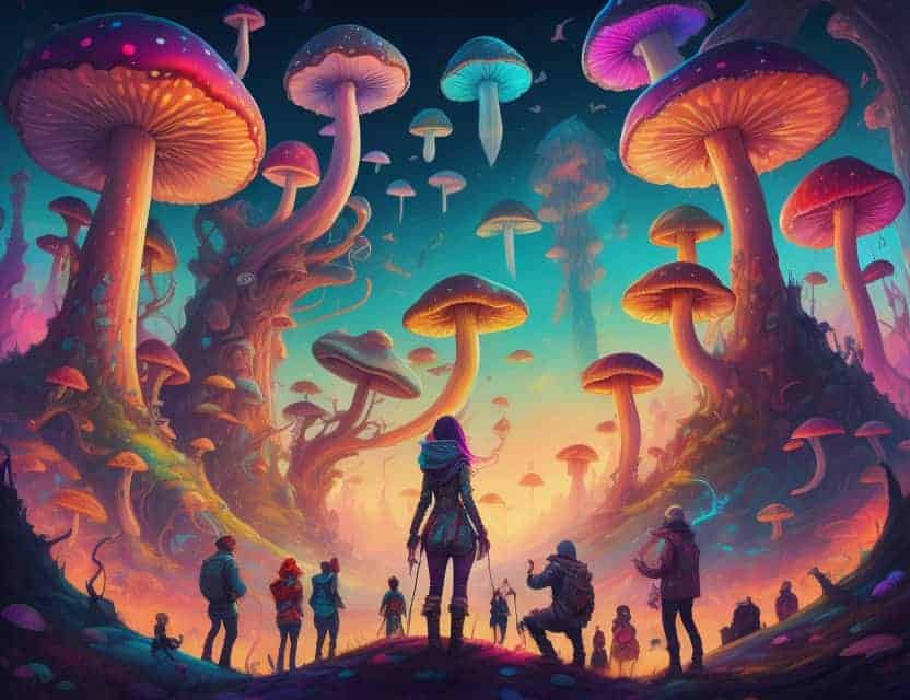 Woman starting at trippy scenery with mushrooms growing up into the sky