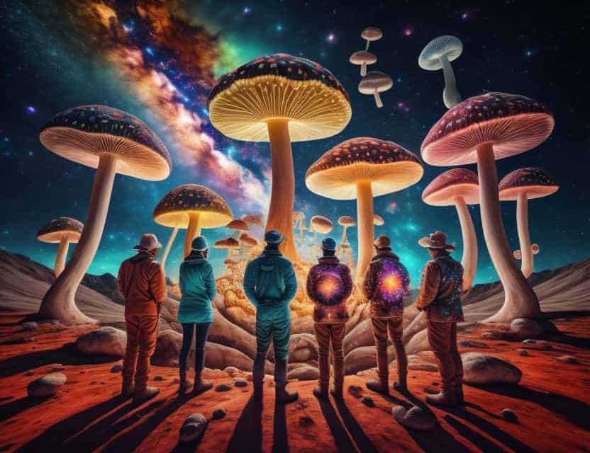 Group of people staring at tripping mushrooms growing into the sky