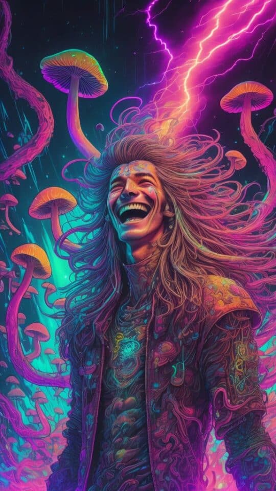 Trippy man with long hair smiling with mushrooms in background