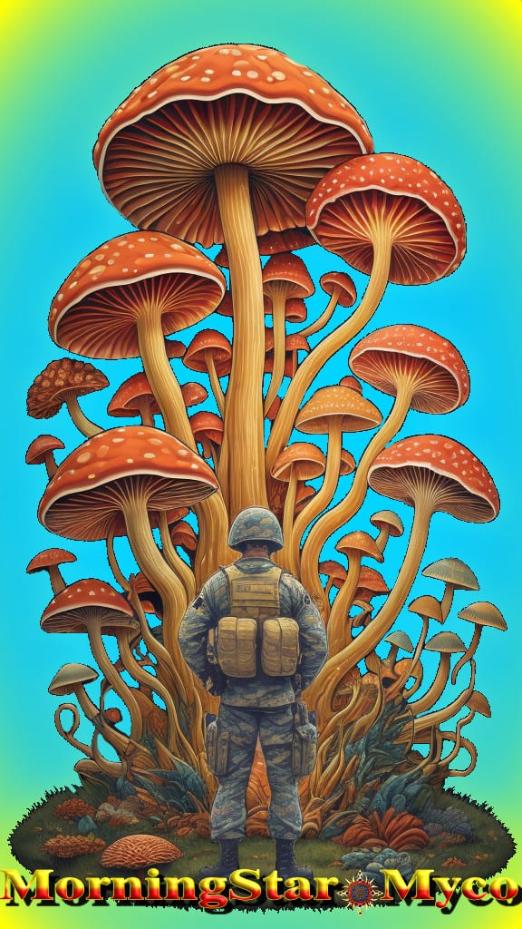 Soldier facing larger mushrooms growing