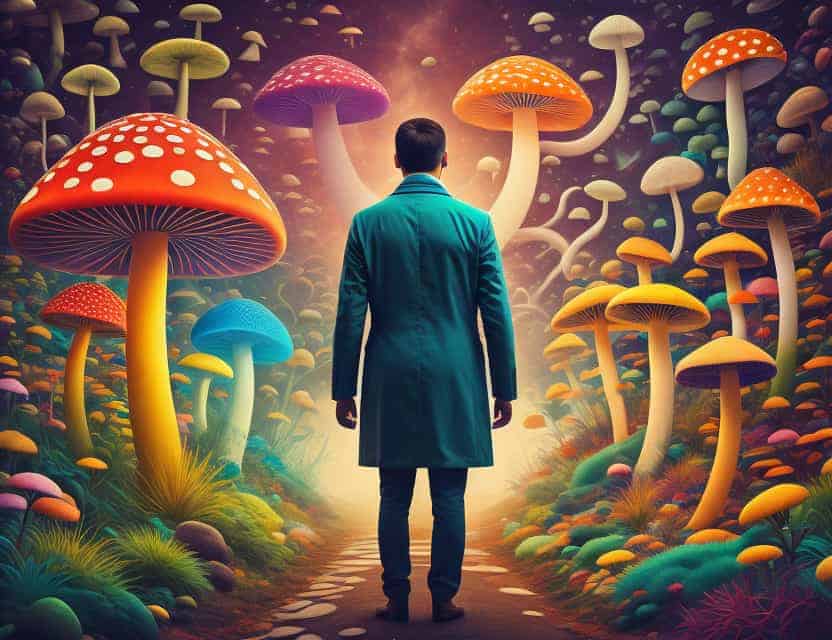 Man staring at mushrooms growing all around him