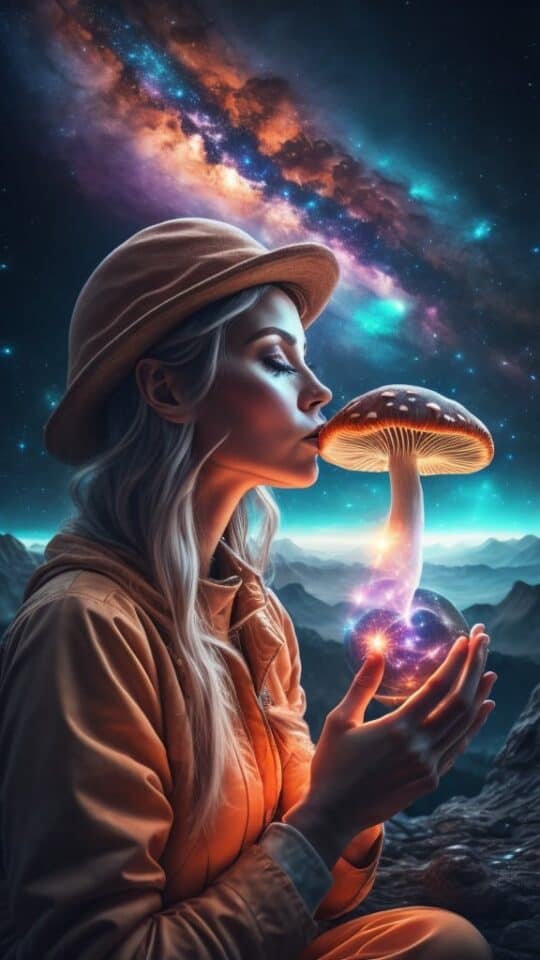 Lady kissing magical mushroom with neon lit sky