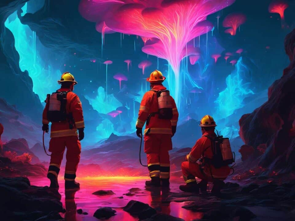 Firefighters staring at trippy neon scenery
