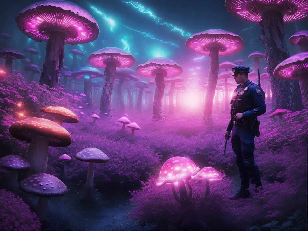 Police officer standing in mushroom forest
