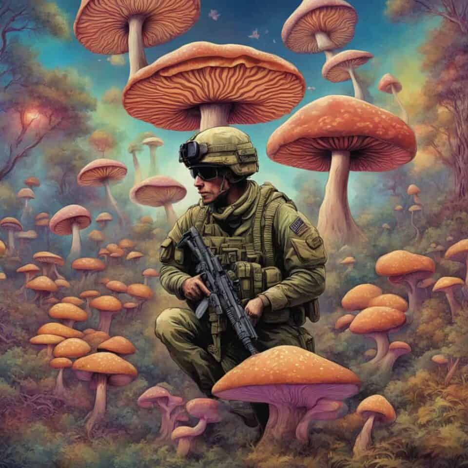 Soldier kneeling in forest with mushrooms growing around him