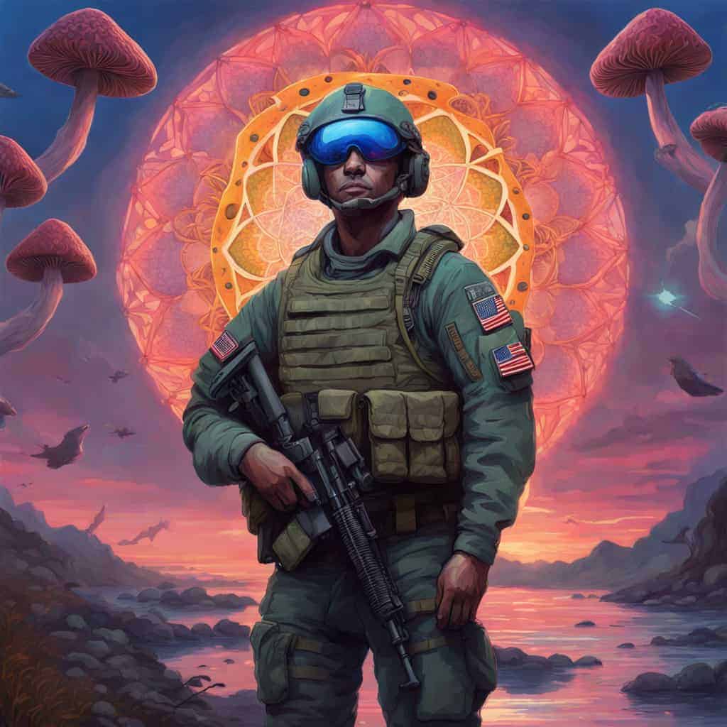 Soldier standing with trippy background and mushrooms growing